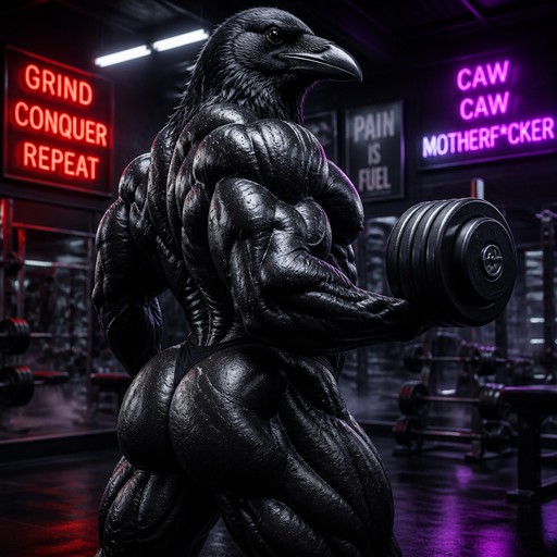Muscular black bird-like figure lifting weights in a neon-lit gym.