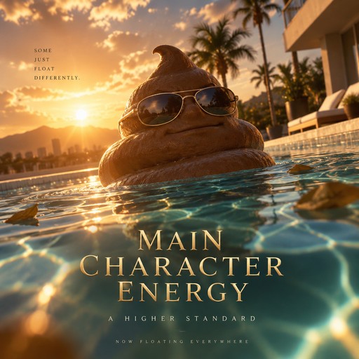 Stylized brown swirl character wearing sunglasses in a sunlit resort pool.