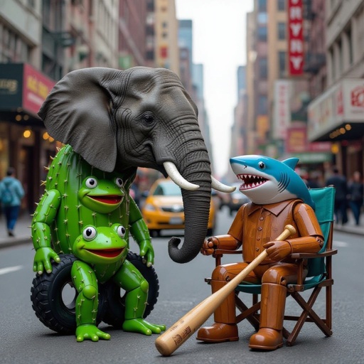 Elephant with cactus body with tire with frog head and shark head with wood man with baseball bat sitting on cyan chair in city