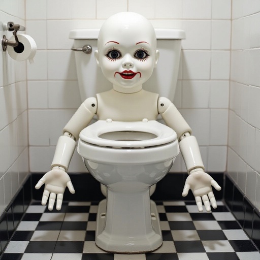 A toilet with a creepy Face and has hands and all White