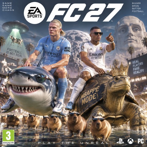 EA FC 27-style soccer collage with players, sharks, statues, and game branding
