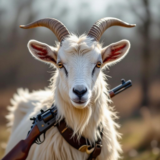 una capra con la schiena a forma di fucile e con le corna a revolver