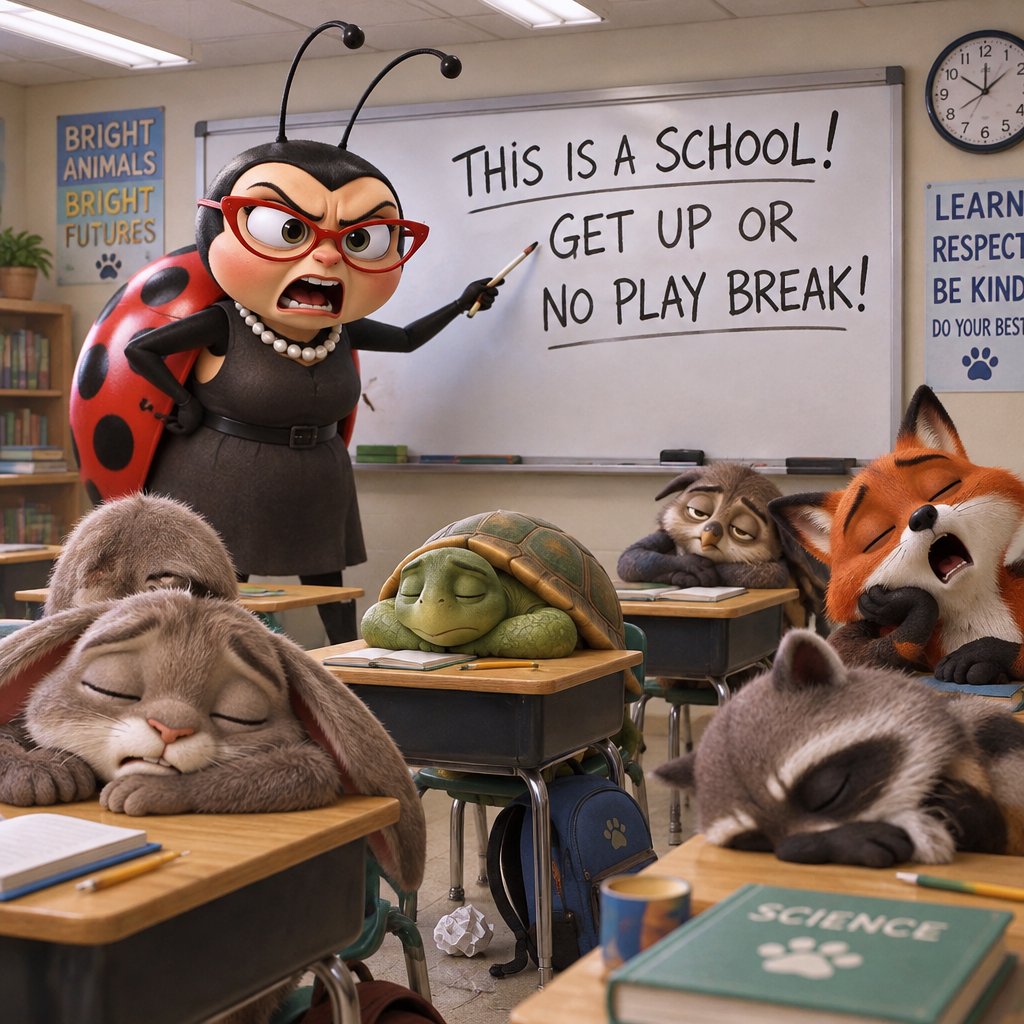 Cartoon bug teacher points at classroom rules while sleepy animals sit at desks.