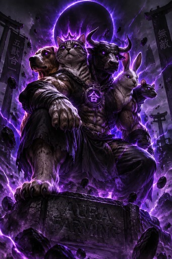 Dark fantasy wolf figure wielding a sword amid glowing purple energy and ruins.
