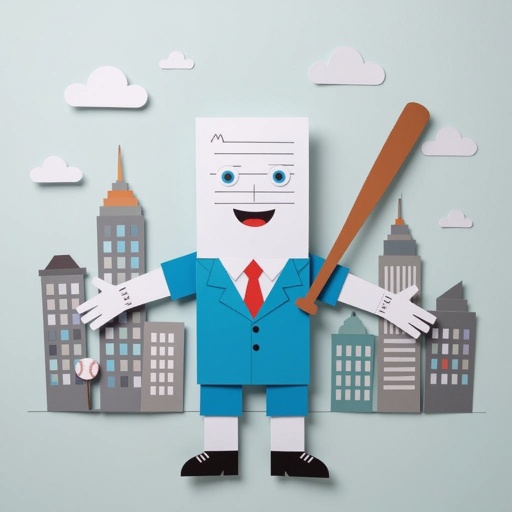 Paper job on head 2 white arm 2 white leg with baseball bat in city