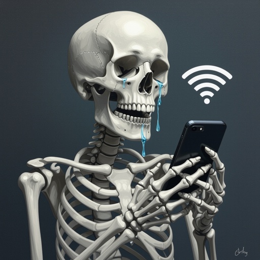 Skelton is cry because of no WiFi in his phone in the darkness