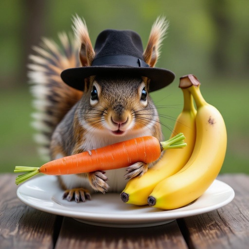 Scoiattolo con un piatto al posto del cappello una carota al posto del naso e due banane al posto delle orecchie