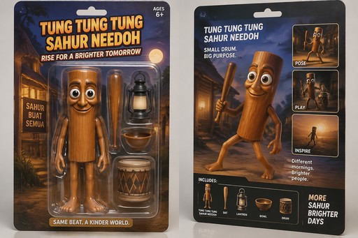 Cartoon wooden characters on brown product boxes with orange and black packaging text