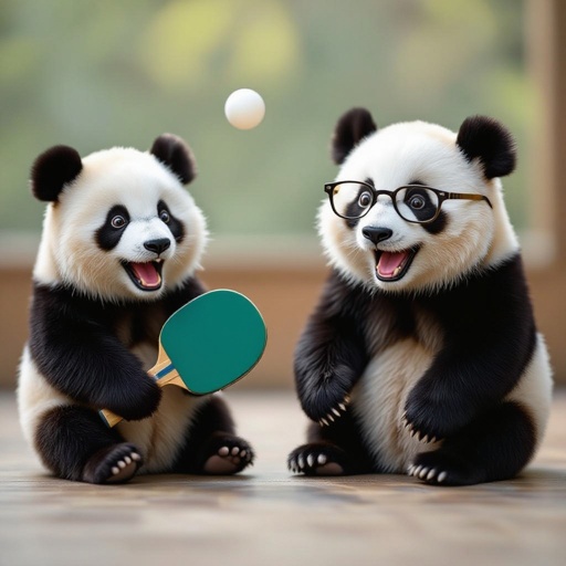 a table tennis racket with a flying ball, two hairy praccias and two hairy legs, two eyes and a mouth and glasses