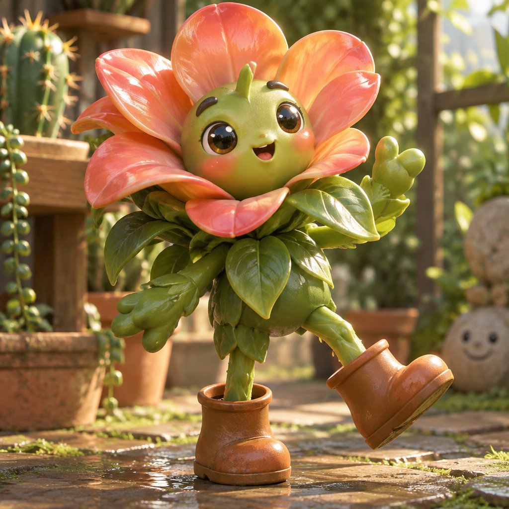 Cute animated flower character in a flowerpot watering a garden with a small can