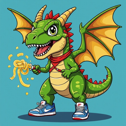 Un t-rex ninja con le ali da drago fatte di pasta e scarpe Nike 