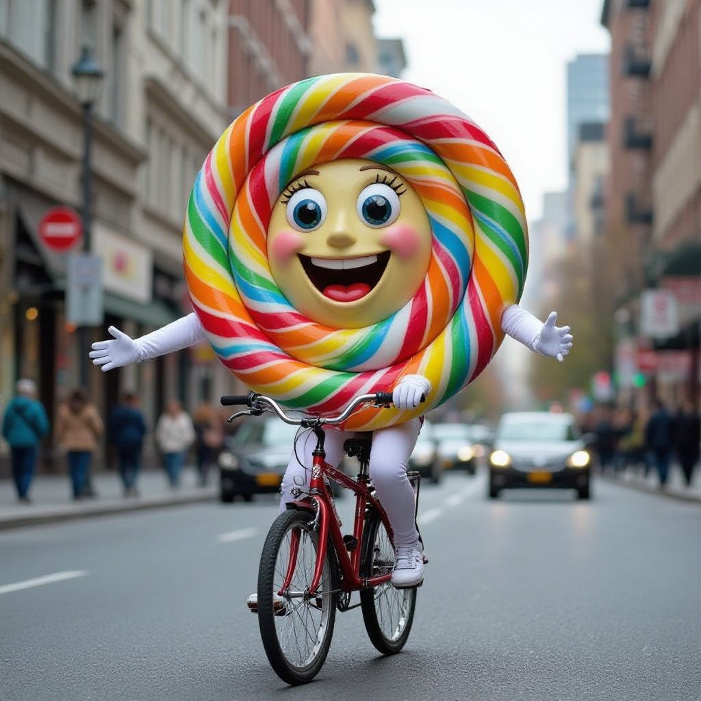 Lollipop with human face 2 white arm 2 white leg  ride bicycle in city