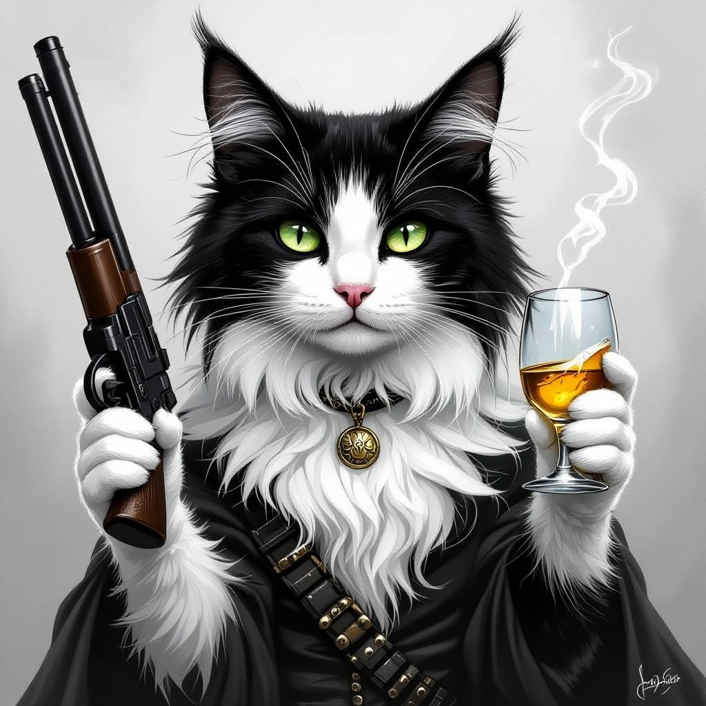 Gatto bianco e nero con un fucile a pompa e che beve la vodka