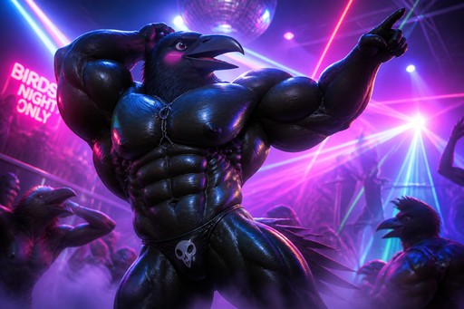 Muscular purple anthropomorphic creature posing on a neon-lit stage.