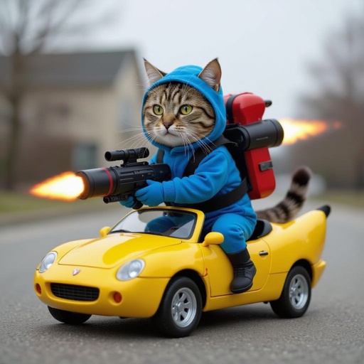 Un gatto con un lancia razzi con un vestito blue e un auto banana