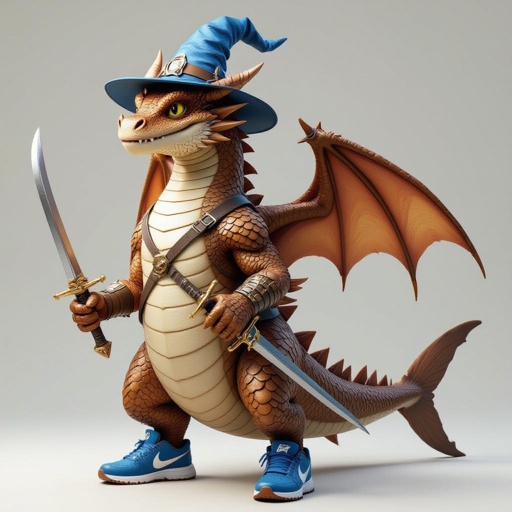 Un drago con il corpo di un cappuccino, le spade nelle mani la coda di uno squalo Lea scarpe Nike blu e il cappello da mago