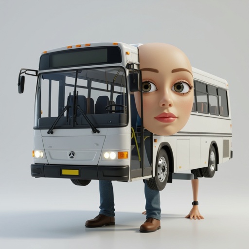 A buss with a cartoon face and foot legs and mouth