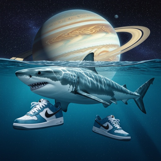 Uno squalo con scarpe Nike e il corpo dell Saturno 