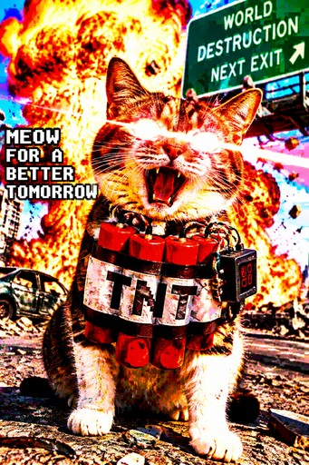 Cat wearing a barrel-like vest amid explosions and bold meme text