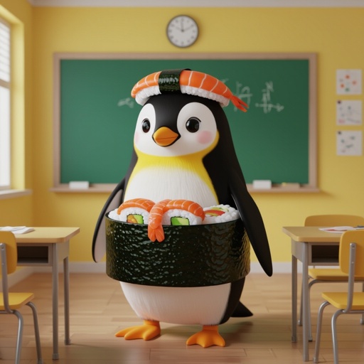Penguin with sushi body wear sushi hat in class