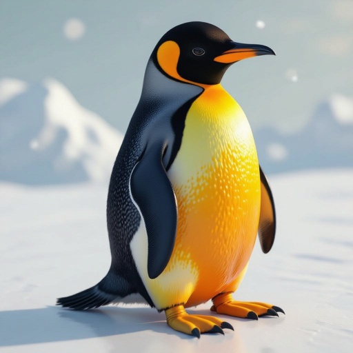 Crea l’immagine di un pinguino con la faccia da arancia, e le zampe a forma di banana