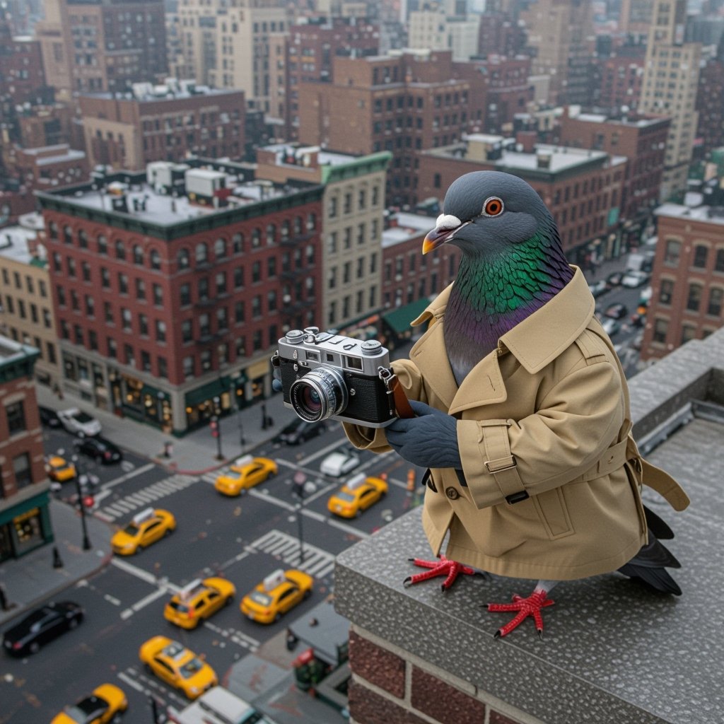 Detective pigeon with camera in city