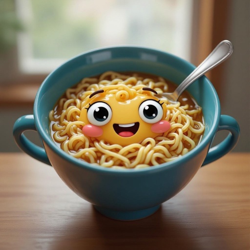 Crie um miojo com olhos e um sorriso e com uma colher na mão