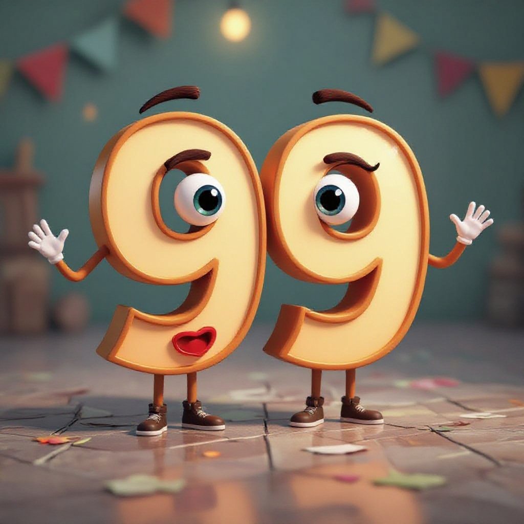 O número 99 com braços e olhos