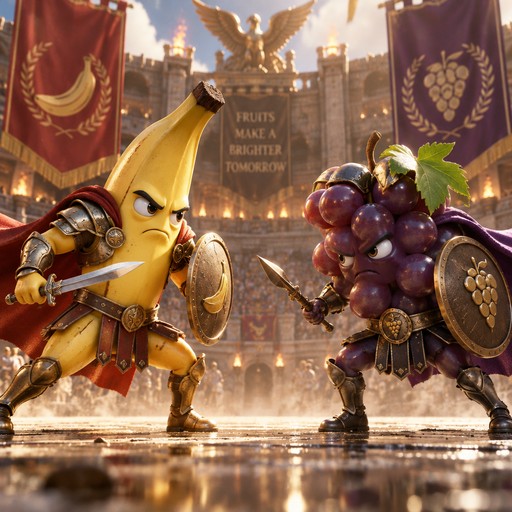 Banana and grape warriors face off in an ornate arena, cinematic 3D style.