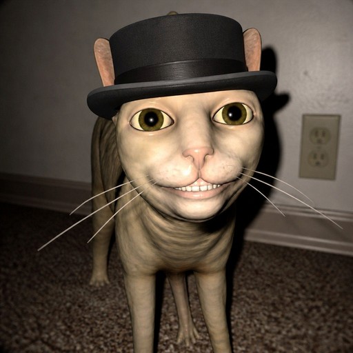Surreal photorealistic cat wearing a black top hat indoors.