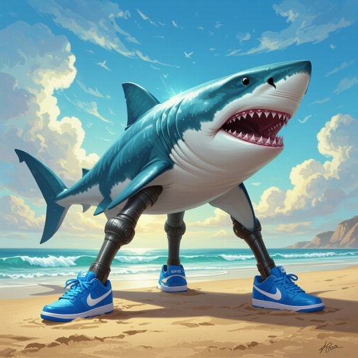 Squalo con tre gambe e tre piedi con le Nike azzurre nella spiaggia