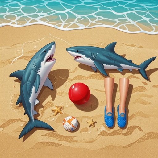 Shark 3 human leg 3 blue shoes in beach