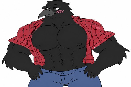 Cartoon black creature wearing a red plaid shirt and blue jeans.