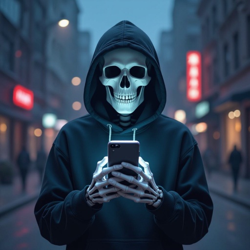Skeleton with i phone in city