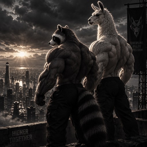 Monochrome anthropomorphic raccoon and kangaroo overlooking a city skyline.
