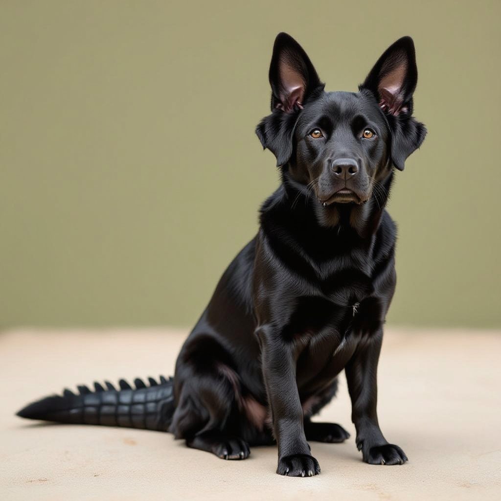 Name is ‘Babababa brippeporre’ and he looks like a black Labrador dog with big pointy ears, he is sat down and he has the tail of a crocodile