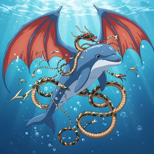 delfino con ali da drago armato di serpenti
