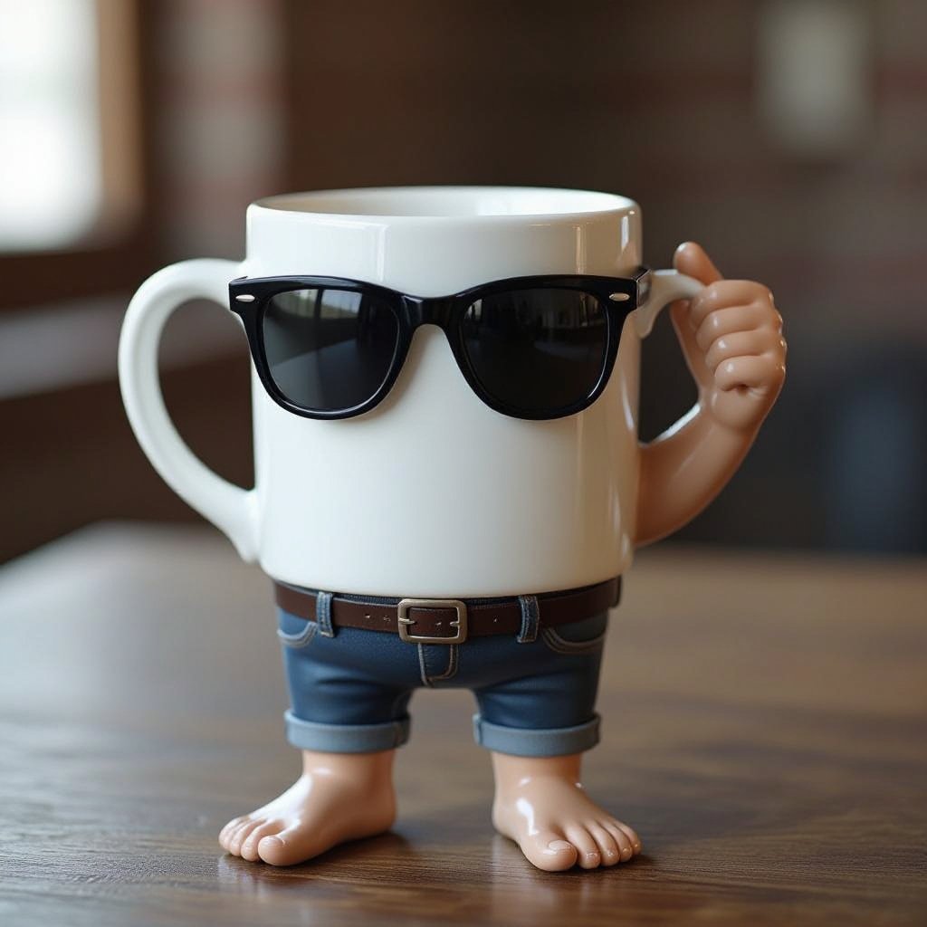 Uma caneca com pernas e braços e com óculos escuros