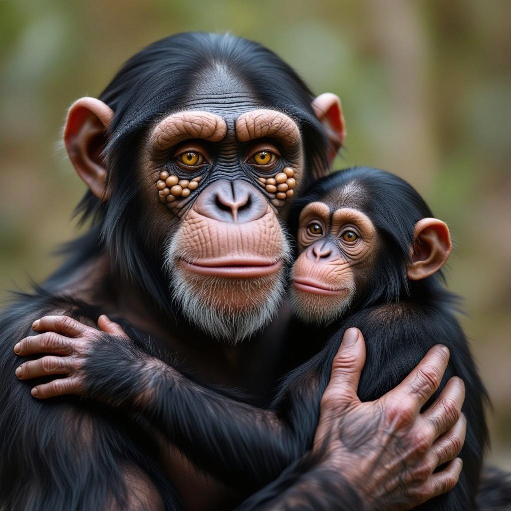 A jerk holding a chimpanzee and he has beans for eyes