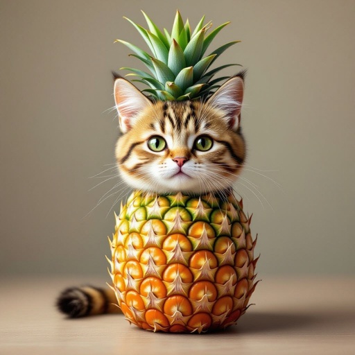 Um gato fofinho  com o torso feito de abacaxi 
