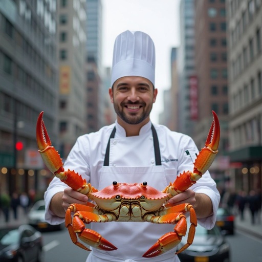 Chef with crab head 2 crab hand in city