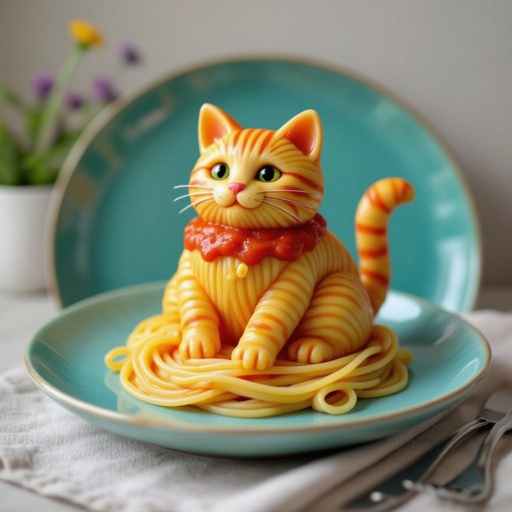 Un gatto fatto di pasta al sugo