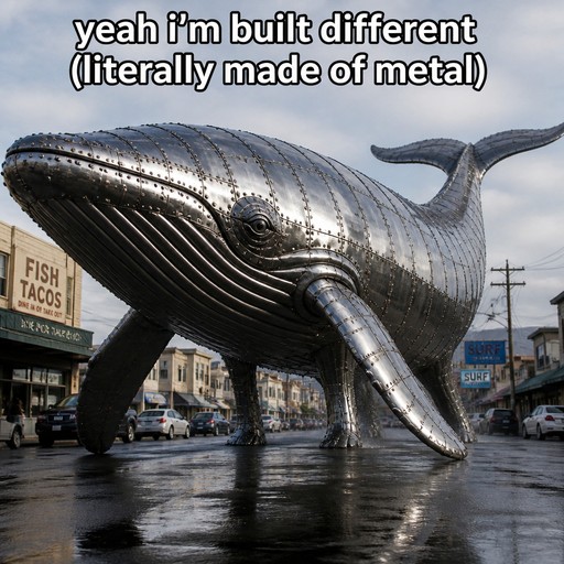 Metallic whale sculpture walking through a wet street near a fish tacos sign.