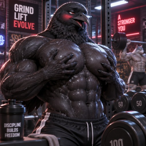 Muscular black bird character lifting weights in a neon-lit gym.
