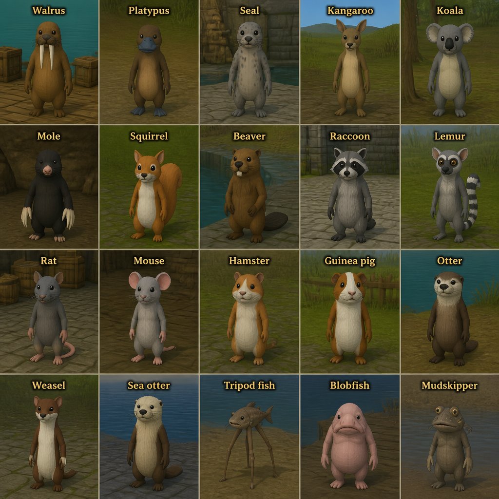 Grid of stylized animal characters labeled by species on textured backgrounds