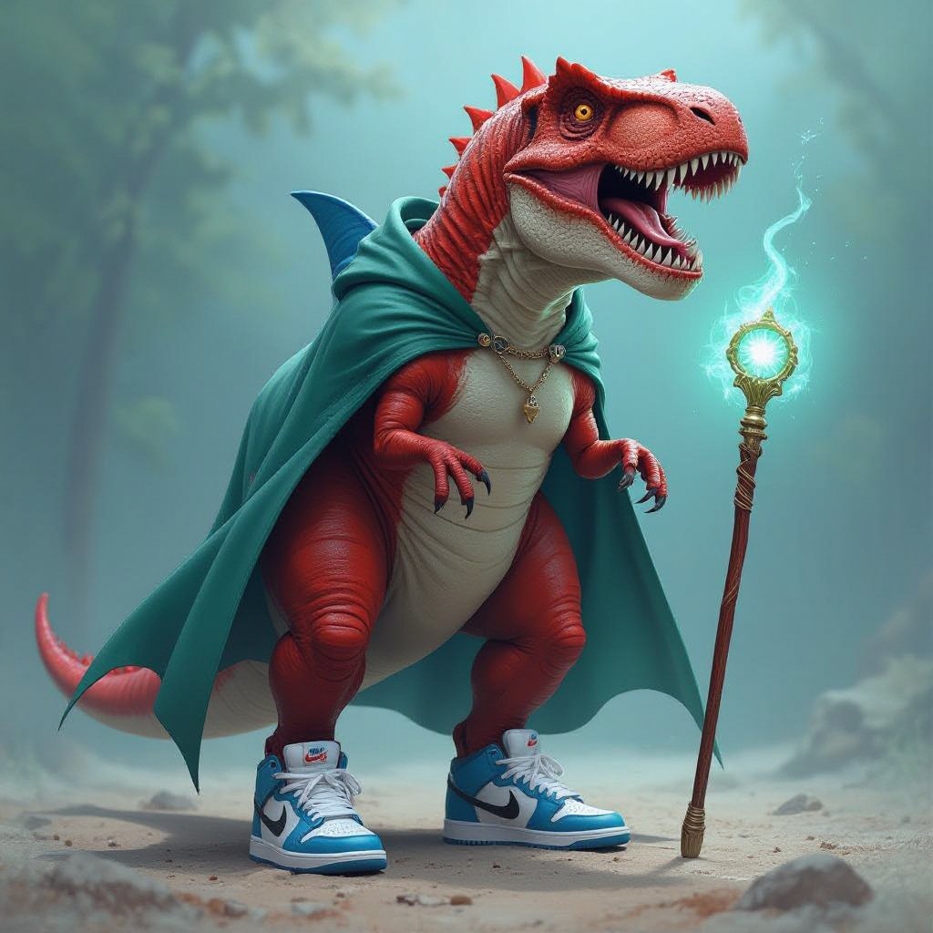 T-rex rosso fuso ad uno squalo blu con tre scarpe Nike e un bastone magico mantello verde