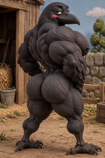 Anthropomorphic dark-feathered bird standing in a rustic stone courtyard.