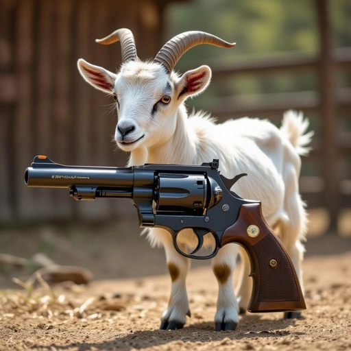 una capra con la schiena a forma di cassa forte e con le corna a revolver
