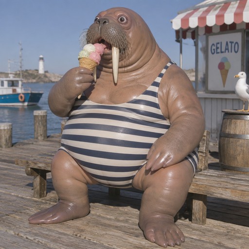 Cartoon walrus in a striped swimsuit eating gelato by a seaside stand