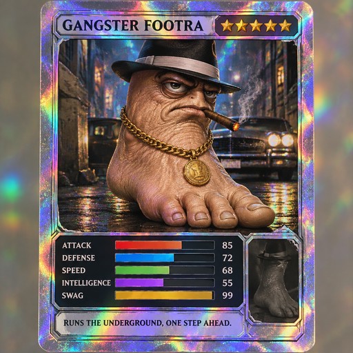 Holographic trading card showing a fedora-wearing foot character above game stats in a city scene